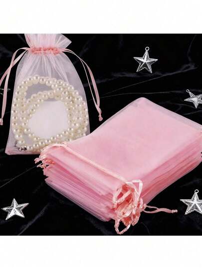 20个透明欧根纱礼品袋，粉色，小号，适合婴儿派对，抽绳网眼礼品袋，欧根纱化妆品礼品袋