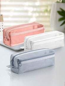 Mesh Pencil Case, Double Layer Large Capacity Transparent Stationery Bag, Student Exam Pencil Pouch, Middle School Exam Dedicated Stationery Bag - Multicolor - View 2