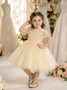 女婴白色公主薄纱连衣裙，适合派对 - 香檳色 - 查看 1