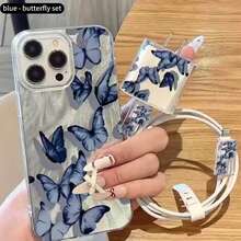 5件套！蓝色蝴蝶雪纺透明IMD手机壳，清新梦幻风格，饰有蓝色蝴蝶图案 - 銀色 - 查看 5