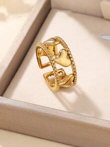1 pieza Anillo abierto con forma de corazón dorado de acero inoxidable de moda casual, con gotas de aceite de colores, adecuado para uso diario de mujeres o como regalo - Amarillo Oro - Ver 5