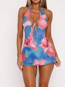 Sexy Backless Printed Vacation Dress, Mesh Sheer Deep V Spaghetti Strap Beach Mini Dress, Party Dress, Cocktail Gown - Blue - View 2