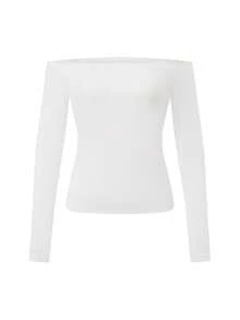 Womens Off The Shoulder Long Sleeve Workout Tops Y2k Solid Color Slim Fit Ballet Crop Top Active Gym T Shirts Casual Going Out Top Tee Without Straps Streetwear - 白色 - 查看 8