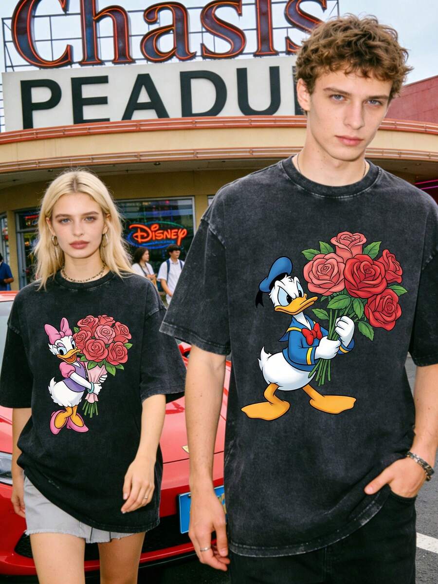 Disney Donald Duck And Daisy Duck With Roses Couple Vintage Washed T-Shirts180g Washed Cotton Mickey And Minnie Flower Bouquet Loose Short-Sleeved Couple's Outfit - 黑色 - 查看 1