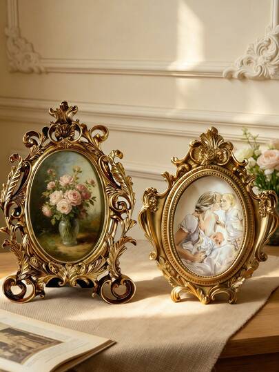 1pc Retro European Gold Resin Photo Frame, Vintage Home Decor, Stand, TV Stand, Living Room, Bedroom Decor, Perfect As A Birthday Gift, Housewarming Gift, Or Graduation Gift