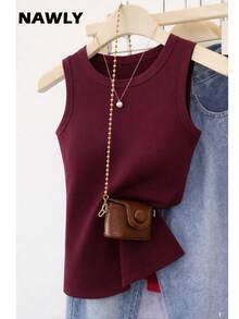 Women's Plain Basic Ribbed Cotton Tank Top, American Style, Summer Blogger Style, Cotton - RƯỢU VANG MƯỢT MÀ - Xem 1