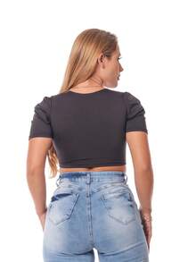Blusa Cropped Com Manga/Blusinha Lastex/Cropped Ciganinha com Elástico/Floral - Preto - Visão 2