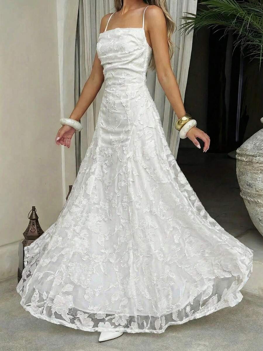 2026 New Spring/Summer Elegant French Style Long Dress, Suitable For Daily, Commute, Beach, Vacation, Office Wear, Valentine's Day, Cutout Floral, Birthday Party White