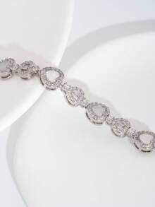 1 Set Luxury Elegant Cubic Zirconia Inlaid Heart Design Bracelet, Suitable For Women's Wedding & Party Wear, Excluding Gift Box - Silver - View 5