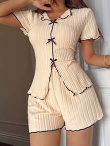 2pcs Women Bowknot V-Neck Long Sleeve Top And Flare Pants Ribbed Loungewear Set, Casual Sleepwear Suitable For Autumn/Winter - Apricot - View 4