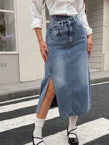 Chân váy denim nữ có thiết kế cạp chun và xẻ tà bên hông, thời trang thường ngày, đa năng. - Rửa trung bình - Xem 4