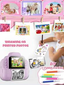 儿童相机套装包含：1 台带即时打印功能的相机、2.4 英寸高清屏幕、16 倍数码变焦、1080P 视频录制、MP3 播放器、20 款相框和 5 款滤镜、4 种镜像效果、3 卷打印纸、USB Type-C 充电线、相机背带、趣味可定制涂鸦打印功能、1300mAh 大容量电池 - 彩色 - 查看 6