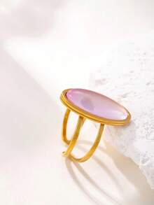 1 pieza Anillo de acero inoxidable chapado en oro de 18K con gema rosa, adecuado para decoración diaria o regalo de mujer - Amarillo Oro - Ver 2