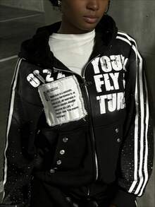 Unisex Hoodie Set With Printed Pants - Hip-Hop Rock Style, Fashion Casual Long Trousers & Zip-Up Hooded Jacket - áo đen - Xem 2