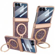 Shockproof Shiny Glitter Electroplated Hidden Circular Bracket Phone Case With Tempered Glass Screen Protector Compatible With Samsung Galaxy Z Flip 7/6 Foldable Phone Full Protection Birthday Gift - Purple - View 10
