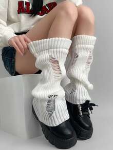 1 Pair Spring/Summer Thin Sweet & Spicy Calf Leg Warmers, Knitted Dystopian Y2K Style, Japanese JK Millennium Subculture Distressed Knit White/Grey/Black Leg Warmers, Collegiate Slimming Versatile Sock Covers - Multicolor - View 15