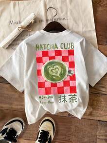 Camiseta de manga corta casual de talla grande con cuello redondo y estampado gráfico, diseño "Matcha Club", color blanco, para verano - Blanco - Ver 3