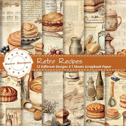 12pcs Vintage Dessert Pattern Scrapbook Paper, Unique Baking-Themed Designs Craft Paper For Junk Journals, Card Making, Photo Album & DIY Projects, Retro Recipes Scrapbooking Supplies