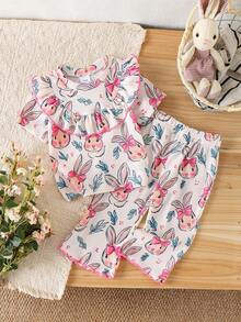 2pcs Baby Girls Cute Rabbit Graphic Round Neck Top And Casual Pants Set, Summer - Pink - View 1