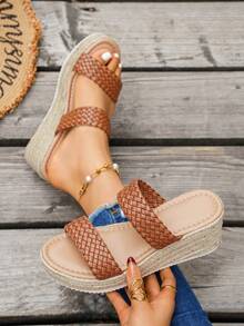 Women's Straw Wedge Rope Open Toe Slippers, Thick Sole Elevated Summer Outdoor Sandals - Brown - View 6