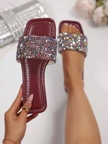2025 Summer New Sequin Square Toe Strap Slip-On Mule Sandals, Peep Toe, Soft Flat Comfortable Casual Versatile Ladies Beach Slippers - Burgundy - View 1