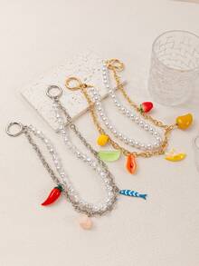 1件INS风时尚水果蔬菜系列仿珍珠钥匙扣DIY吊坠，18K镀金，防水防褪色，DIY饰品配件，项链，手链，耳环，钥匙扣，包包，女士饰品，钱包，小吊坠，礼物 - 彩色 - 查看 3