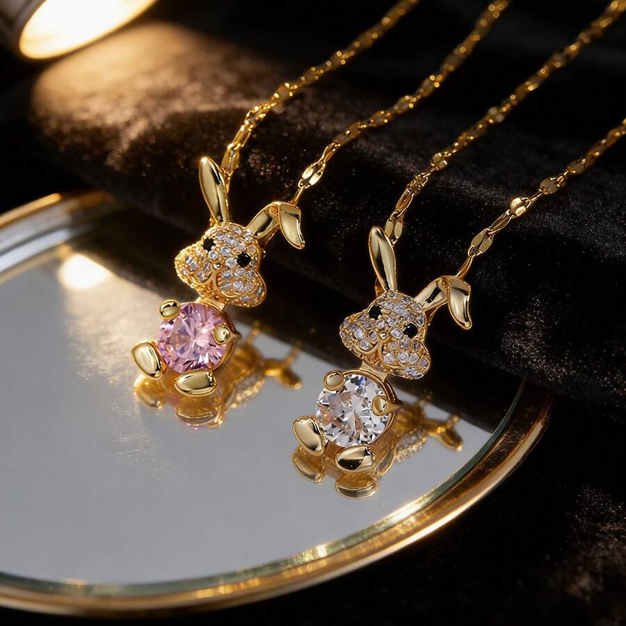 Women's Stainless Steel Zirconia Rabbit Pendant Necklace, Suitable For Daily Wear - Multicolor - View 1