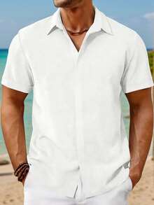 Mens Short Sleeve Linen Shirts Button Down Casual Summer Beach Tops For Daily Commute - trắng - Xem 1