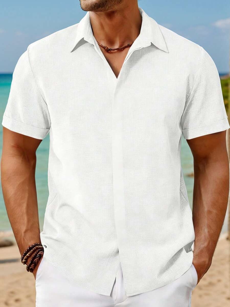 Mens Short Sleeve Linen Shirts Button Down Casual Summer Beach Tops For Daily Commute - trắng - Xem 1