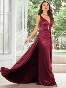 1950年代复古网纱拼接开衩大腿缎面鸡尾酒会礼服 - 酒紅色 - 查看 5