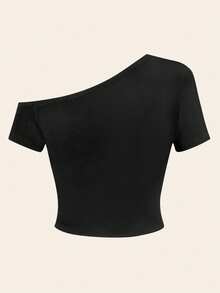 DEAR MOLLY Angel Rhinestone Graphic Asymmetric Shoulder T-Shirt, Shiny Wing Pattern Crop Top, Sexy Asymmetric-Shoulder Casual Wear - Black - View 3