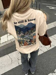 Women's Bohemian Christian Loose Fit T-Shirt, Breathable Fashion T-Shirt With Round Neck And "Be Still And Know" Print, Patchwork Mountain Landscape And Bible Verse S - 杏色 - 查看 5
