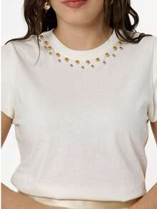 Cotton T-Shirt Blouse With Application Of Various Pearls - Various Colors - 奶油色 - 查看 12