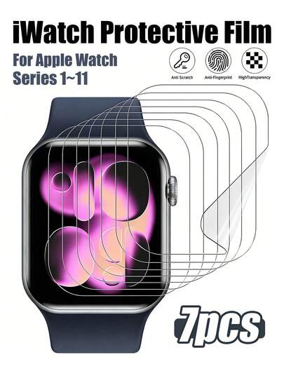 7 piezas - Serie 11 Protector de pantalla de hidrogel TPU transparente de 42 mm/46 mm compatible con Apple Watch 38/40/41/42/44/45/49 mm/46 mm Series Ultra/SE/10/9/8/7/6/5/4/3/2/1/11 - Ultra claro, resistente a los arañazos, autorreparable, fácil instalación, ajuste preciso (sin impacto en la sensibilidad táctil)