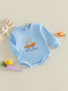 Mono de Pascua para bebé niño con bonito bordado de conejito y manga larga con cuello redondo - Azul celeste - Ver 6
