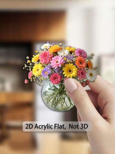1pc 2D Flat Acrylic And Rubber Soft Magnetic- Vibrant Floral Round Glass Vase With Colorful Daisies And Wildflowers, Perfect For Refrigerator And Kitchen Decoration, Ideal For Home Decoration Enthusiasts, Floral Decorations, 2D Flat