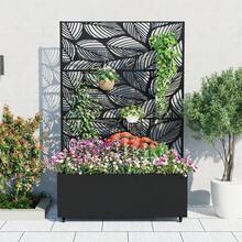 Metal Planter Box With Trellis,Raised Garden Bed With Privacy Screen And Drainage Holes Idea For Climbing Plants, Vegetables & Vines - 樺樹葉圖案帶輪子 - 查看 3