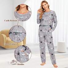 ¡Recomendado2 Piezas Pijama con Estampado Mujer, Algodon Manga Larga y Pantalones con Bolsillo Conjunto de Pijama, Casual Ropa de Dormir¡Top de Temporada - Negro - Ver 3