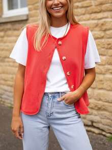 Women's Fashion Round Neck Sleeveless Vest, Polyester Material, Regular Length, Snap Button Detail, Medium Stretch, Suitable For Spring/Summer Casual Outings - Red - View 3