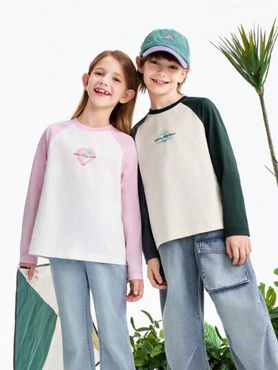 Annil 【纯棉速干T恤】儿童插肩袖不对称T恤，2026春季新款，运动打底衫