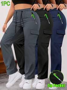 Hidkat Women's Spring/Autumn Zipper Pocket Cargo Pants, Fashionable Large Pocket Design, Drawstring Elastic Waist, Casual Outdoor/Daily Wear Slim Fit Trousers - 灰色 - 查看 1