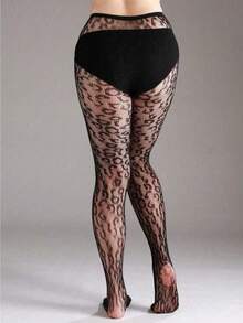 1 Pair Of Leopard-Print Fishnet Stockings, Sexy Black Mesh Stockings With Cutouts, Suitable For Halloween Costumes, Fashionable Style - Black - View 3