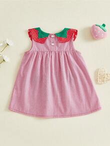 Toddler Baby Girls Plaid Dress Fashionable Strawberry Embroidery A Line Tank Dress - Red - View 7