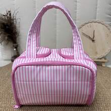 Checkered Toiletry Bag,Large Capacity Water-Proof Plaid Cosmetic Bag,Women Multi-Partitions Makeup Bag,Dust-Proof Wide-Open Puffy Organizers For Travel Accessories , Portable Travel Bag With Strap For Putting On Suitcase - 條紋-亮粉紅色 - 查看 8
