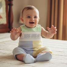 Baby Boy Girl Jesus Loves Me Overall Romper Newborn Christian Outfit Sleeveless Seersucker Bodysuit Baptism Clothes - 青檸色 - 查看 3