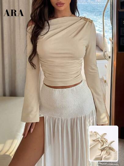 ARA CHIC Women's Apricot One Shoulder Long Sleeve Top, Metallic Starfish Decor, Ruffle Hem Design, Fitted Silhouette, Pleated Details, Chic & Sexy Style, Versatile T-Shirt, Perfect For Beach Dates, 2026 Spring/Summer New Collection