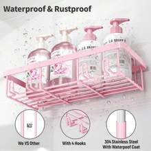 No-Drill Bathroom Storage Rack Set Iron Wall-Mounted Organizer 2026 New Year Gift Home Essential Pink Shelves For Toiletries Shower Caddy CupSuction Triangular - 粉色 - 查看 8