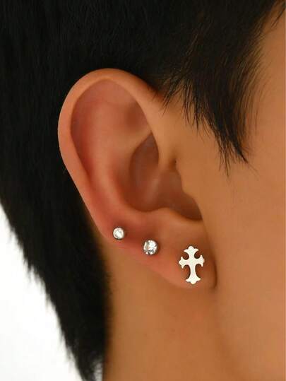 6pcs Minimalist Versatile Cross Stud Earrings, Multi-Element Combination Men's Earrings, Stainless Steel Jewelry Suitable For Daily And Streetwear