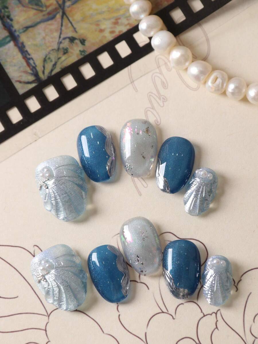 10pcs Acrylic Press On Nails Blue Nails Cat's Eye Water Droplet Starfish Nails Press On Fake Nails Short Office DailyWear False Nails Artificial Nails Kit Includes 1sheet Adhesive Tabs &1 Pc Mini File - Multicolor - View 1