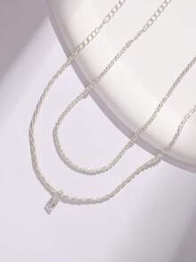 2pcs/Set Elegant French Chain Inlaid Square White Cubic Zirconia Anklet, Versatile Daily Wear - Silver - View 3